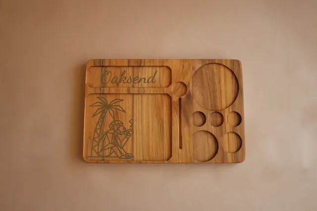 Teak Rolling Tray with Brass Monkey inlay